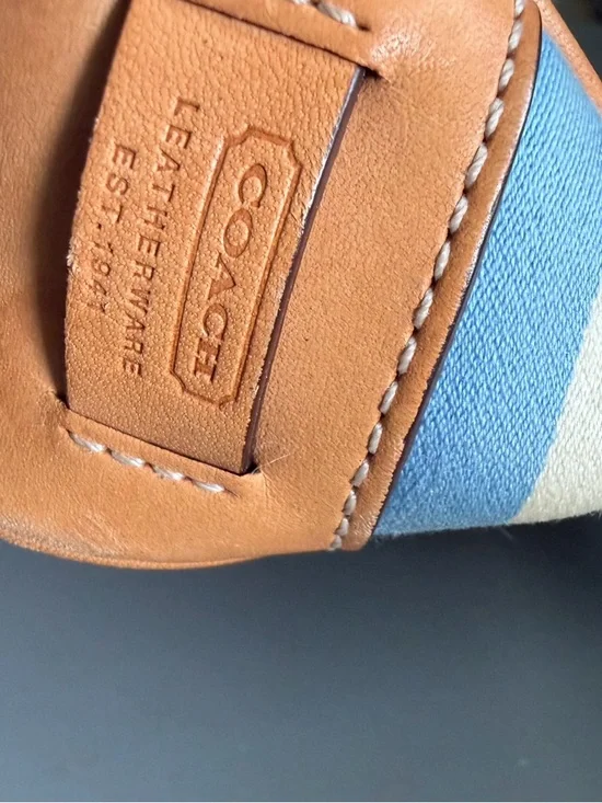 Coach Striped Canvas and Leather Wristlet in Blue, Green, Tan - Picture 4 of 7